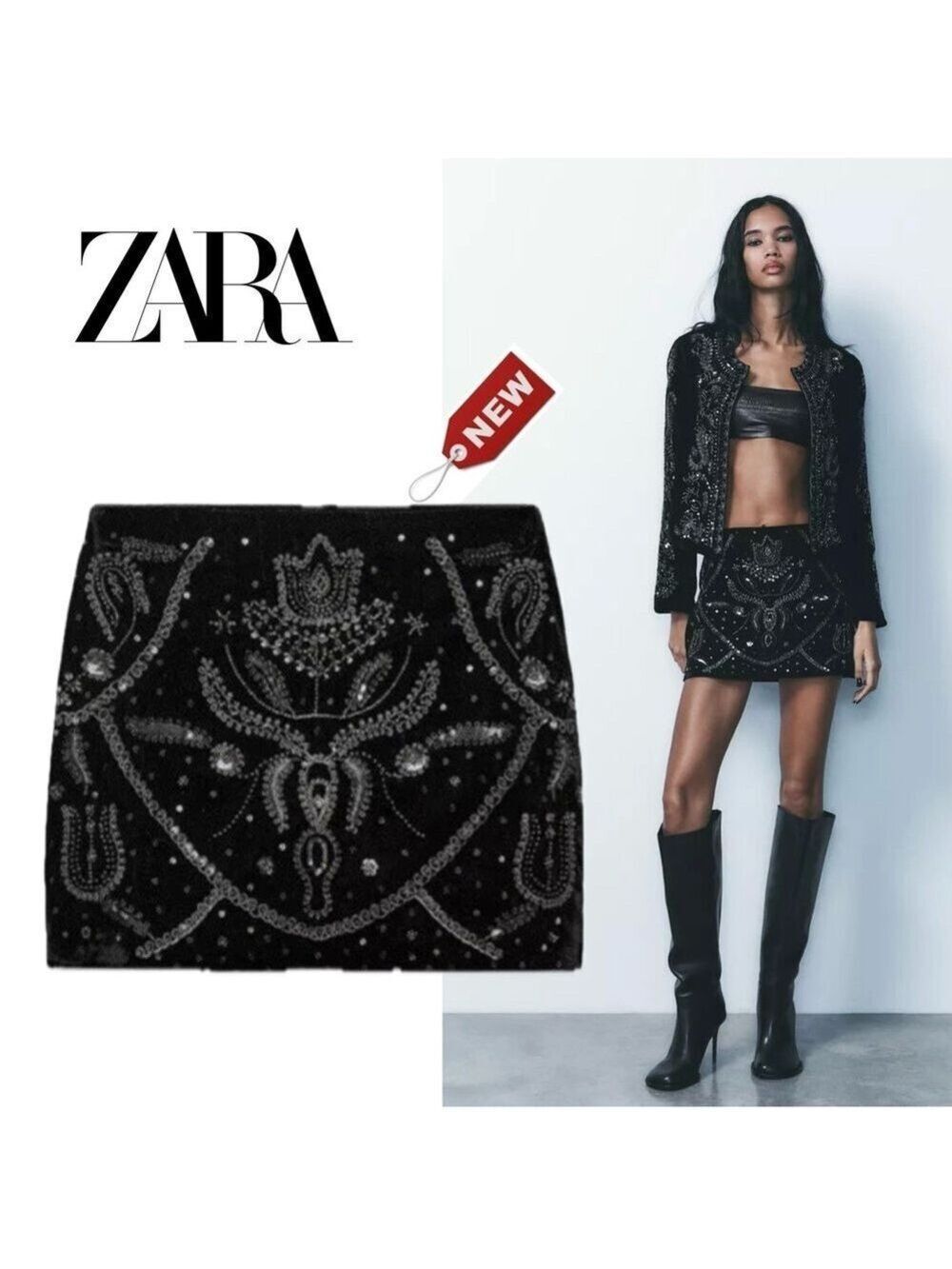 Zara Black velvet sequin beaded embroidered short miniskirt Sz M NWT festive